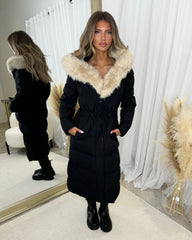 Mia Faux Fur Pull in Waist Long Padded Coat - Black/Beige