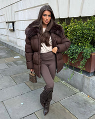 Aveline Hooded Faux Fur Trim Jacket - Brown