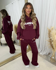 Zoey 'GLAMDOLL' BUBBLE PRINT Design Hoodie & Flared Jogger Set - Burgundy