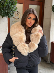 Vienne V-Neck Hooded Faux Fur  Trim Bomber Coat - Black/Beige