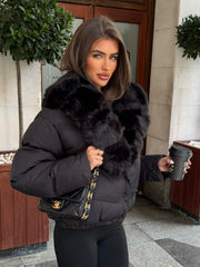 Vienne V-Neck Hooded Faux Fur  Trim Bomber Coat - Black