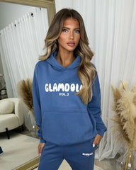 Zoey 'GLAMDOLL' BUBBLE PRINT Design Hoodie & Flared Jogger Set - Denim Blue