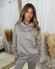 Emily 'GLAM' Embroidery Outline Front Design Fleece Lined Hoodie - Dove Grey