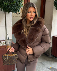 Vienne V-Neck Hooded Faux Fur  Trim Bomber Coat - Brown