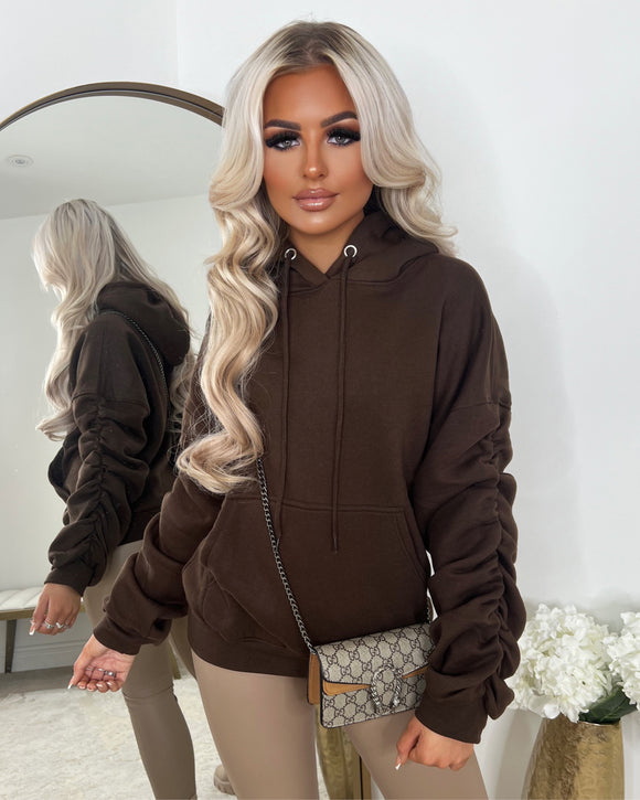 Penny Ruched Sleeve Hoodie - Chocolate