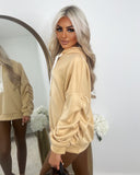 Rachael Ruched Sleeve Hoodie with Ribbon Detail - Beige