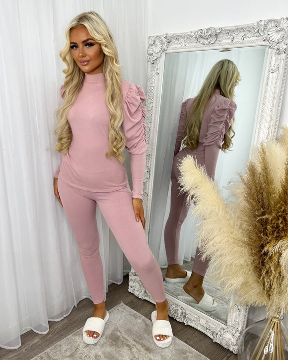 Carly Ribbed Puff Sleeve Lounge Set - Light Pink