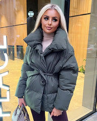 Sophie Short Belted Padded Duvet Coat - Khaki