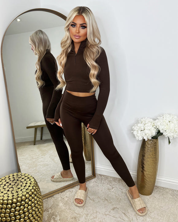 Cardi Half Zip Front Gym Wear Set - Chocolate