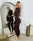 Cardi Half Zip Front Gym Wear Set - Chocolate