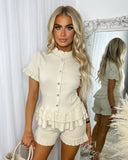 Levi Short Sleeve Jewelled Button Short Set - Beige