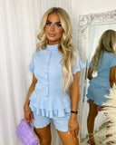 Levi Short Sleeve Jewelled Button Short Set - Baby Blue