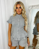 Levi Short Sleeve Jewelled Button Short Set - Grey