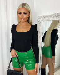 Mollie Puff Sleeve Ribbed Bodysuit - Black