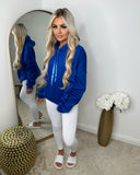 Rachael Ruched Sleeve Hoodie with Ribbon Detail - Royal Blue