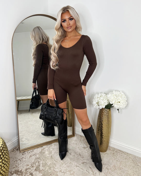 Maya Ribbed Unitard Playsuit - Chocolate