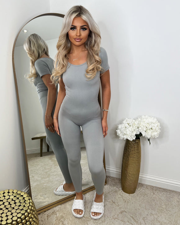 Ellie Capped Sleeve Unitard Jumpsuit - Light Grey