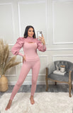 Hazel Slit Front Puff Sleeve Loungewear Set - Pink