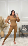 Hazel Slit Front Puff Sleeve Loungewear Set - Camel