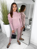 Carly Ribbed Puff Sleeve Lounge Set - Light Pink