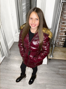 Abbie Belted Metallic Kids Coat - Wine