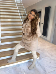 Alice Long Faux Fur Belted Padded Coat - Camel