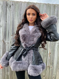 Freya Belted Fur Coat - Black/Grey