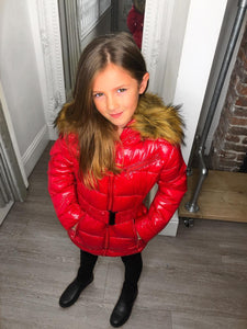 Abbie Belted Metallic Kids Coat - Red